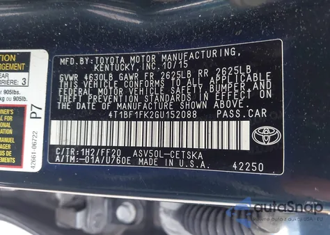 2016 Toyota Camry Se из США, поврежденный, VIN 4T1BF1FK2GU152088